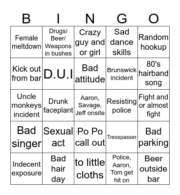 Uncle Monkey's Bngo Bingo Card