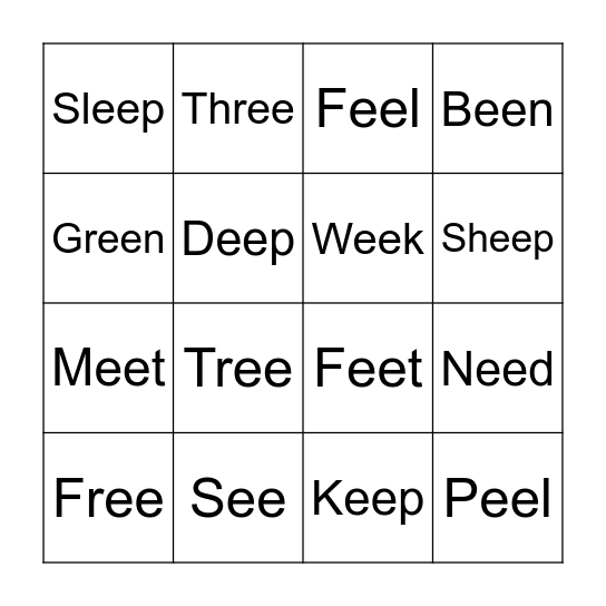 'EE' Words Bingo Card