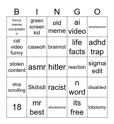 yt shorts bingo Card