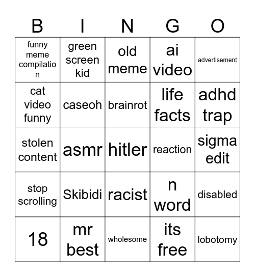 yt shorts bingo Card