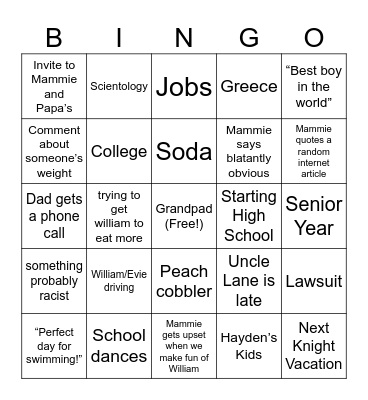 Smith/Knight Family Bingo Card