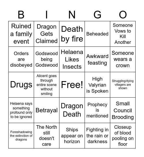 House of Dragon Season 2 Finale BINGO Card