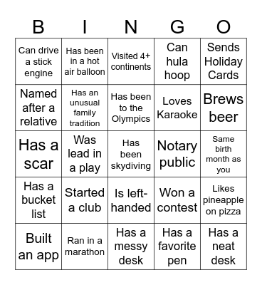 Get to know you Bingo Card