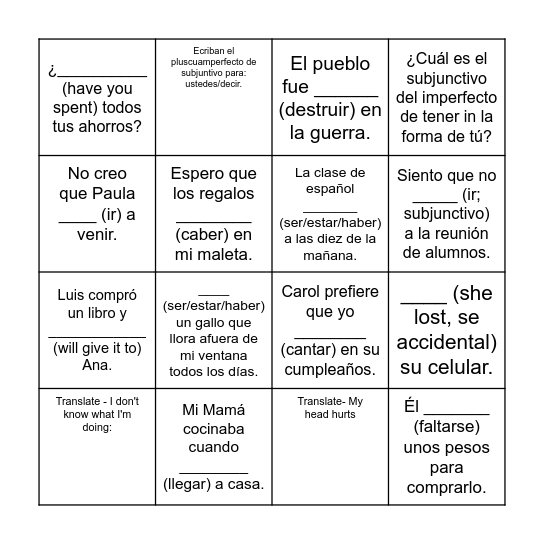 ¡A repasar! Bingo Card