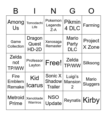 Nintendo Direct Bingo Card