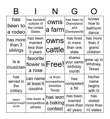 Greenwade Family Bingo Card