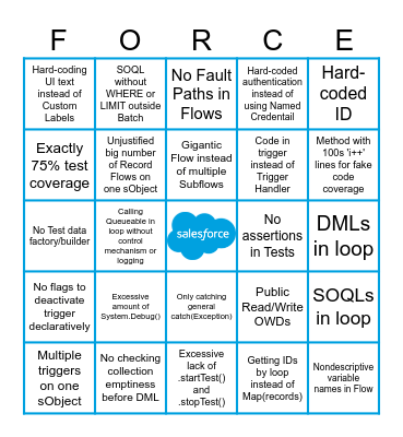 Salesforce Development Practices Bingo Card