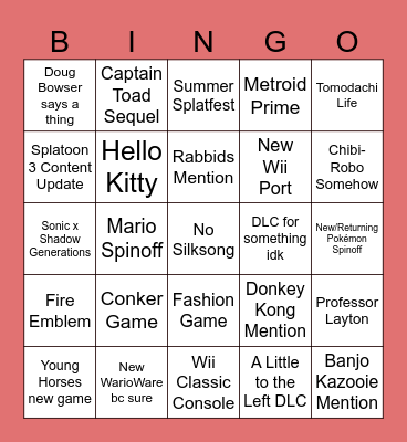 Nintendo Direct June 2024 Bingo Card
