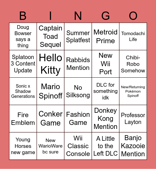 Nintendo Direct June 2024 Bingo Card