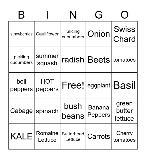 U-Pick Vegetable BONGO Bingo Card