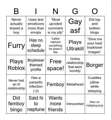 r/boykisser user Bingo Card