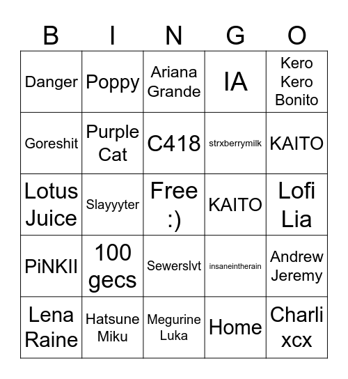 Serena Music Bingo Card