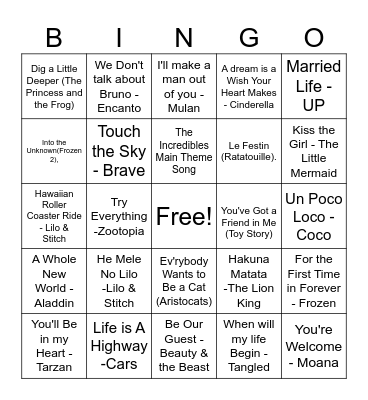Disney Song Bingo Card