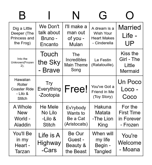 Disney Song Bingo Card