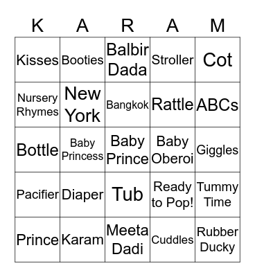 Karam Baby Shower Bingo Card