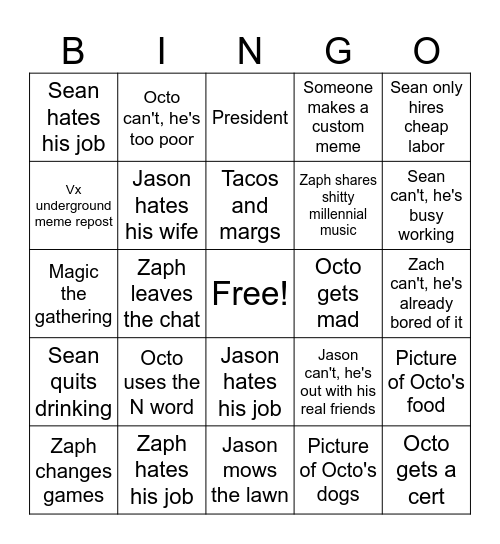 Octo chat bingo Card