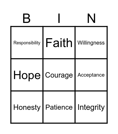 12 Step Value Bingo Card