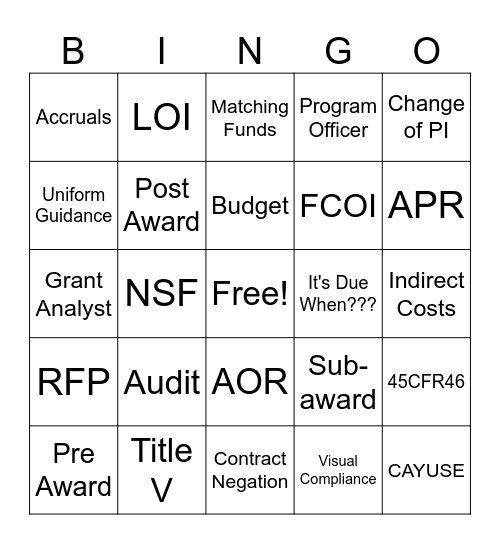 CSUB Sponsored Programs BINGO Card