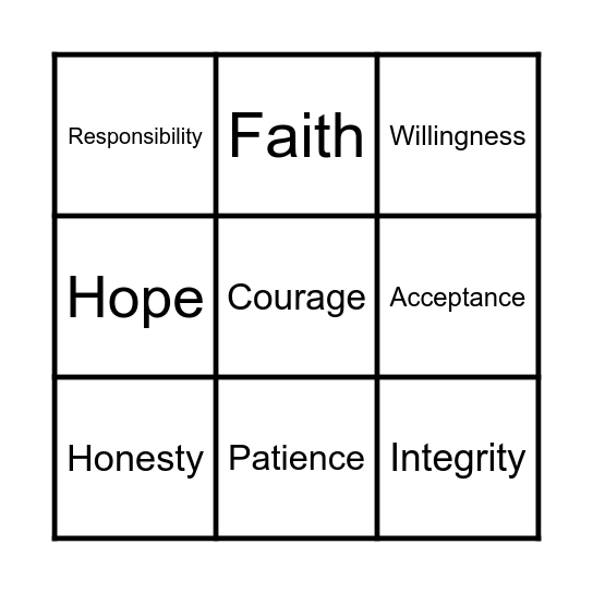 12 Step Value Bingo Card