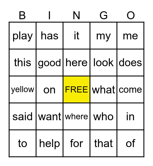 Rainbow-Yellow Words Bingo Card