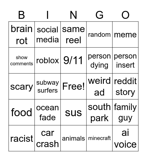 Instagram reel Bingo Card