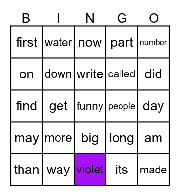 Rainbow-Violet Words Bingo Card