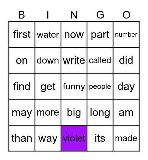 Rainbow-Violet Words Bingo Card