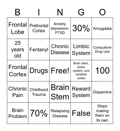 Addiction and the Brain Bingo Card