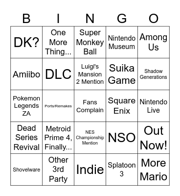 Nintendo Direct 6/18/2024 Bingo Card