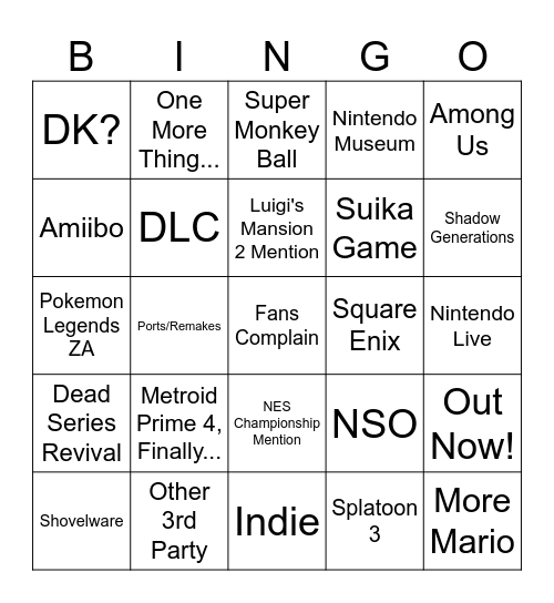 Nintendo Direct 6/18/2024 Bingo Card