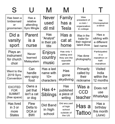 SYRO Human Bingo Icebreaker Bingo Card
