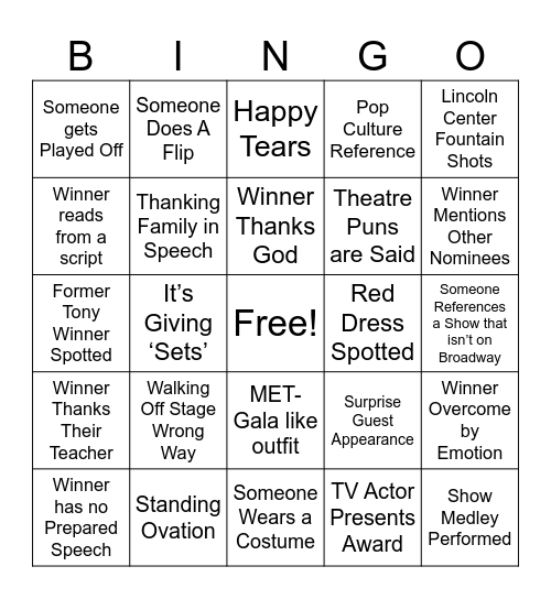 Tony Awards Bingo Card