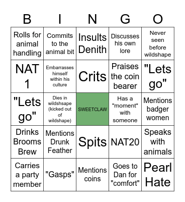 Sweetclaw Bingo Card
