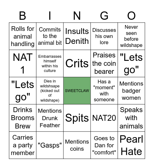 Sweetclaw Bingo Card