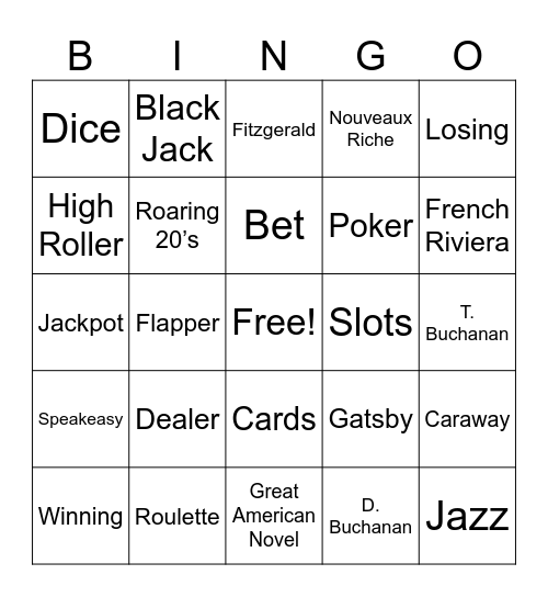 Great Gatsby Casino Night Bingo Card