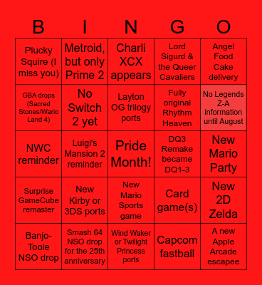 Nintendo Direct 6.18.24 Bingo Card