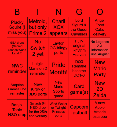 Nintendo Direct 6.18.24 Bingo Card