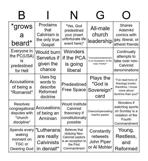 Neo-Calvinist Bingo Card