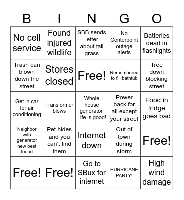 HMR Severe Weather Bingo Card