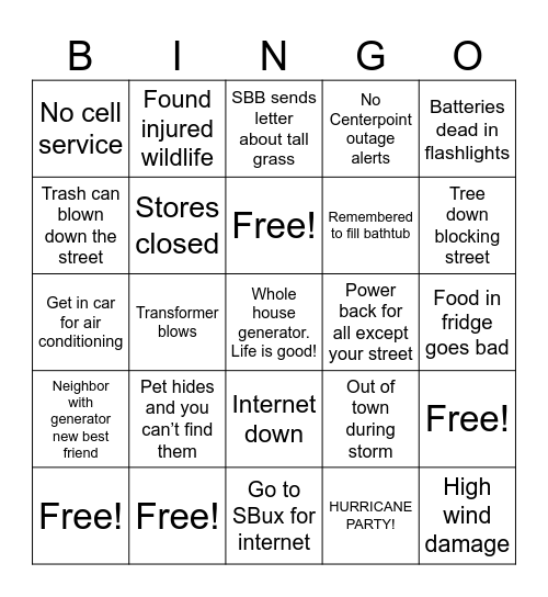 HMR Severe Weather Bingo Card