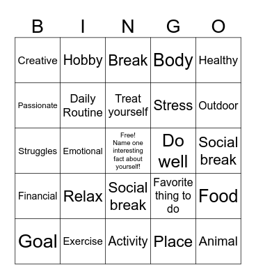 Self-Care Bingo Card