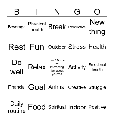 Self-Care Bingo Card