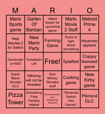 Nintendo Direct Bingo Card