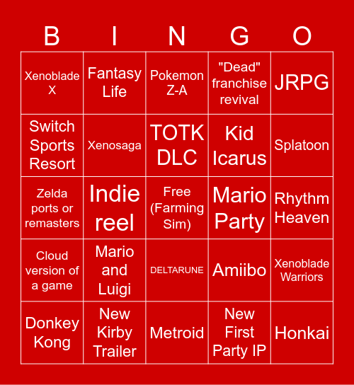 Nintendo Direct Bingo! Bingo Card