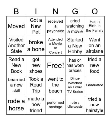 Life Events Bingo Card