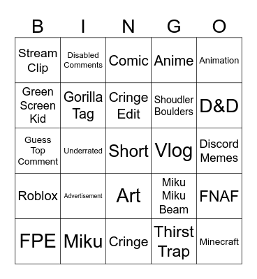 Youtube Shorts Bingo Card