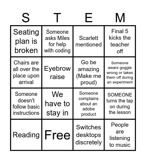 STEM class bingo Card