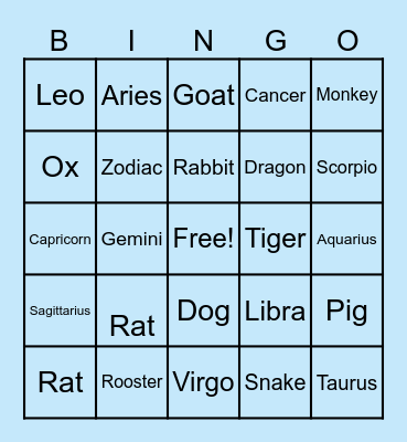 Zodiac Bingo Card