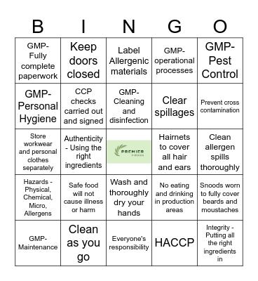 Food Safety Bingo Card