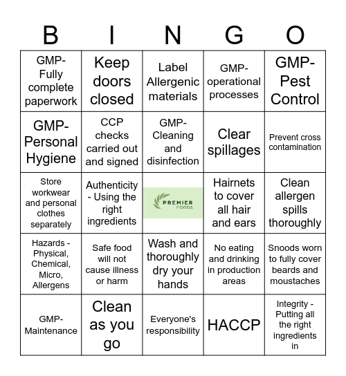 Food Safety Bingo Card